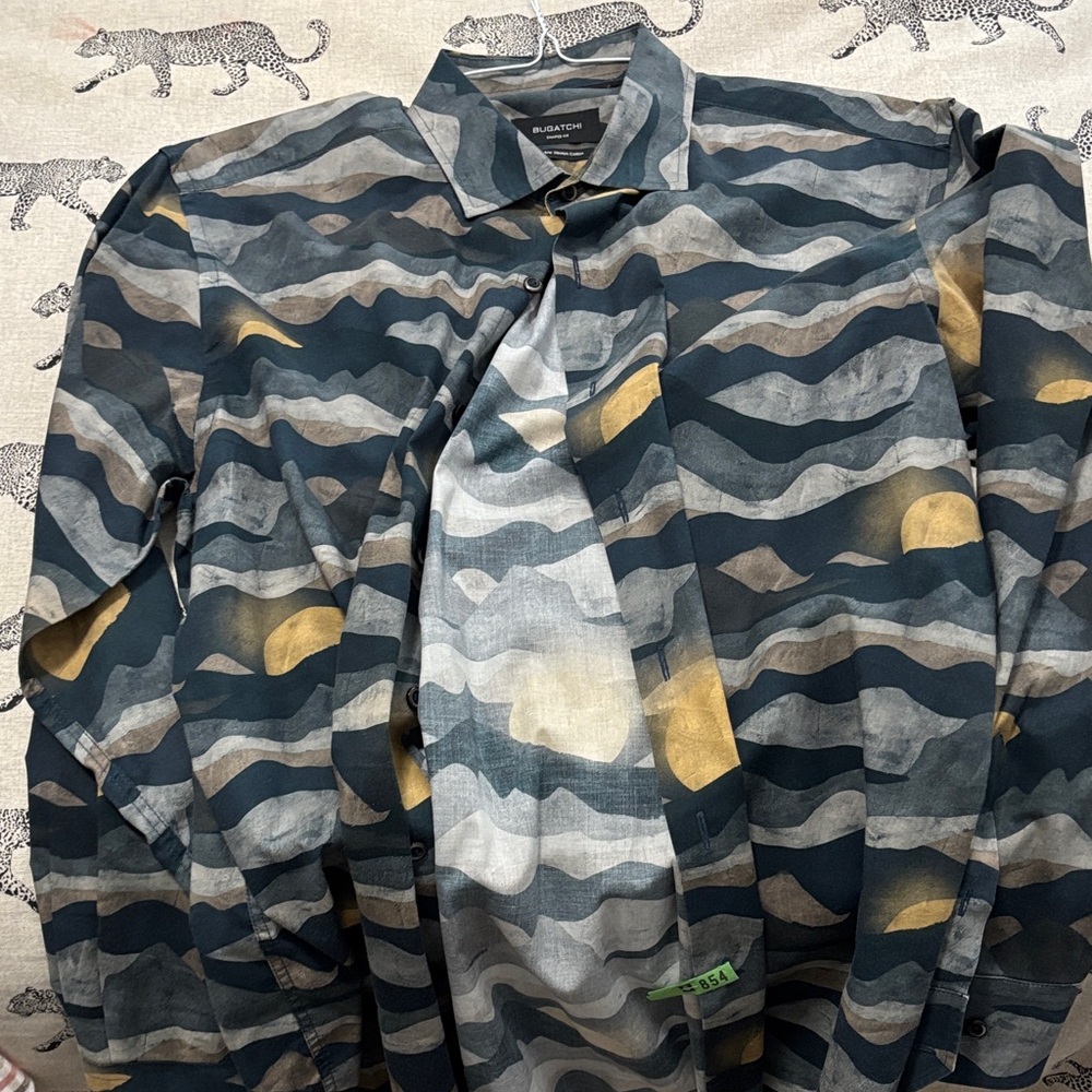 Bugatchi Men's Wave-Print Dress Shirt in Black, Gray & Gold Accents